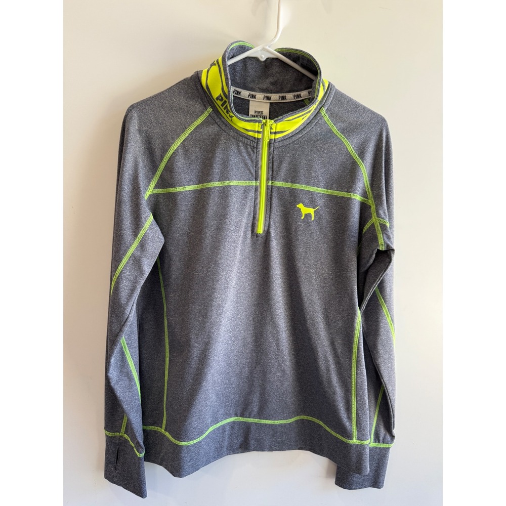Victoria's Secret PINK Ultimate Quarter Zip Pullover Gray Neon Yellow Large
